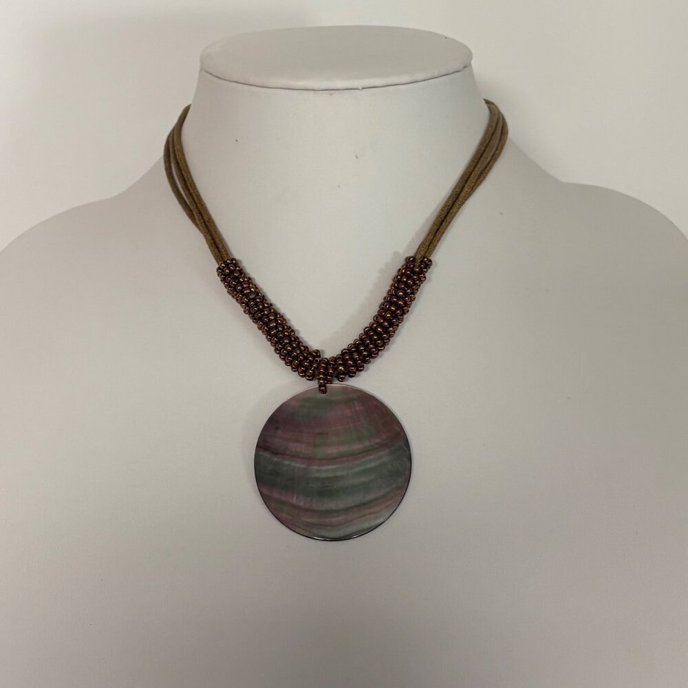 Lia Sophia Corded Bronze Beaded Necklace Abalone Shell Pendant Boho Beachy